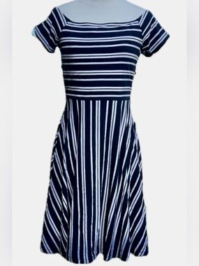 LOFT Black and White Striped Midi Dress